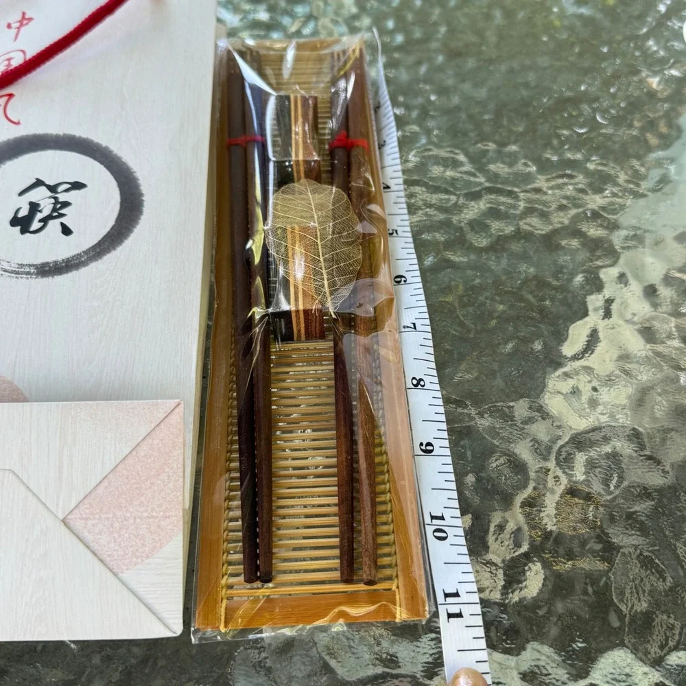 New Hong Kong Wood Chopstick Set with Rest Bamboo Mat and Gift Bag Brown Chinese
